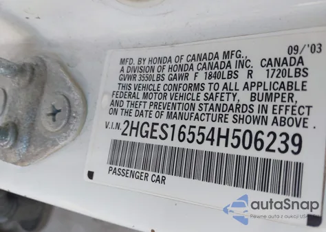 2004 Honda Civic Lx z USA, uszkodzony, nr VIN 2HGES16554H506239